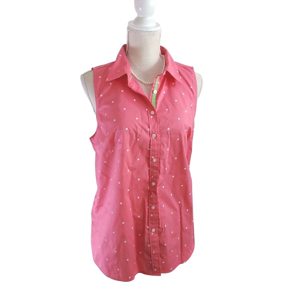 Rafaella Weekend Preppy Pink Polka Dot Sleeveless Collared Top L‎ Summer Coastal